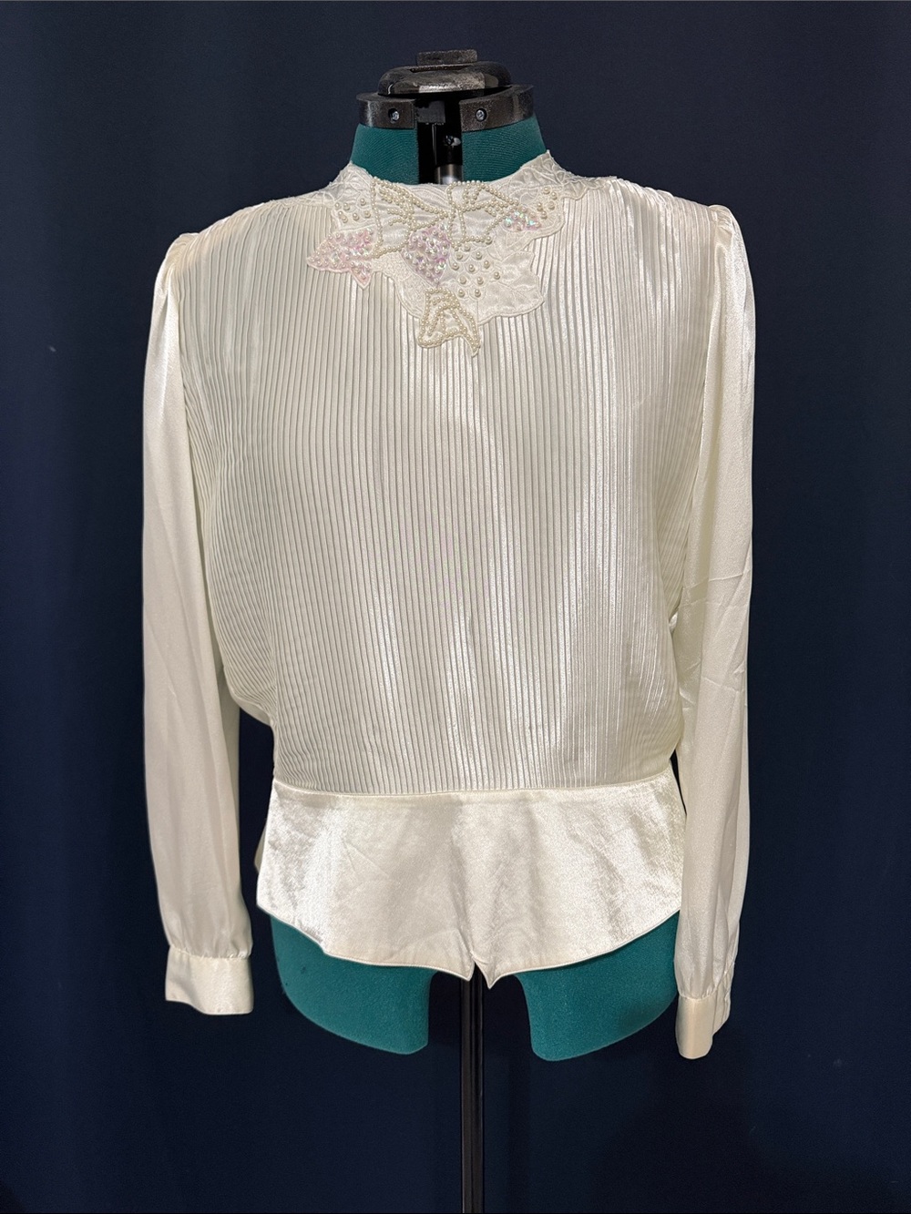 Vintage 1980s Ivory Pleated High-Neck Blouse with Lace Appliqué